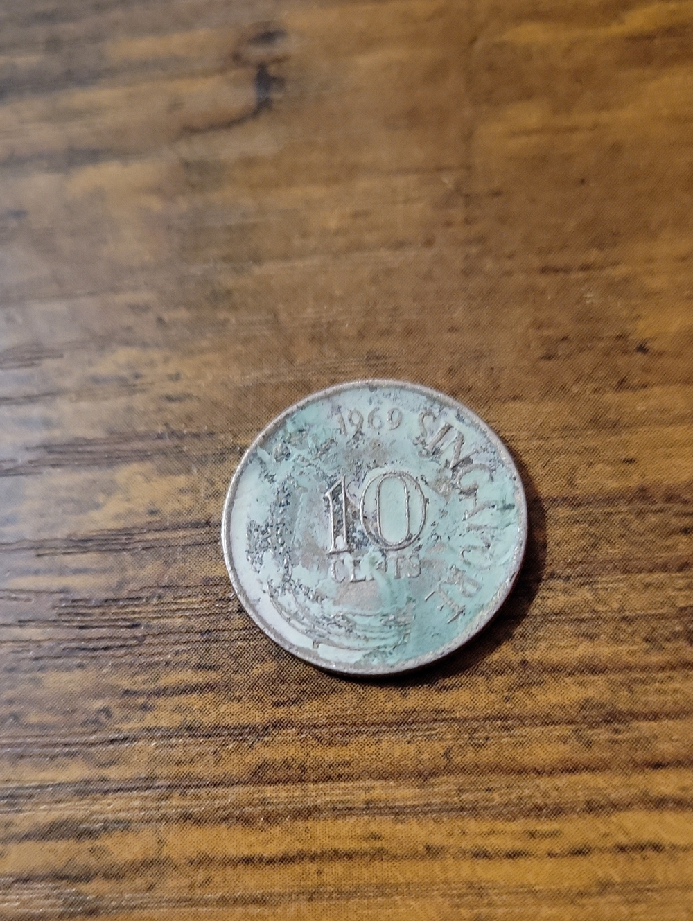 Vintage 1969 Singapore 10 Cent Coin - Green/Brown Patina